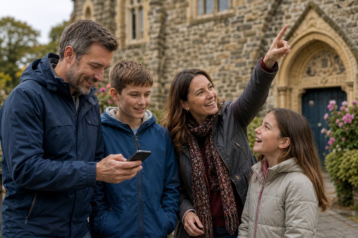 Family solving a PuzzlePath clue together beside historic architecture
