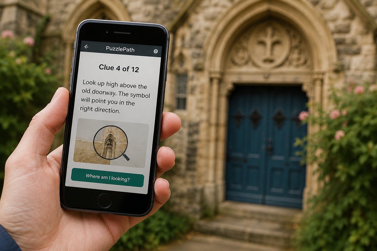 A PuzzlePath clue on a phone prompting the player to inspect a real landmark